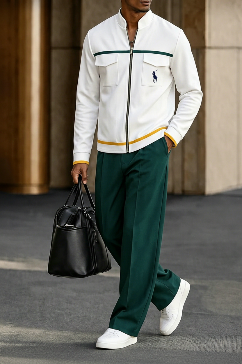 Sporty Contrast Color Jacket Pants Set